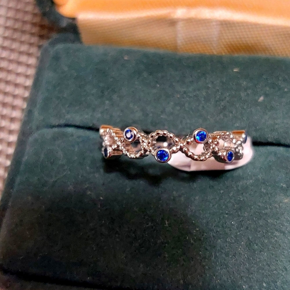 Sterling Silver Twisted Beaded  Sapphire Cz Band